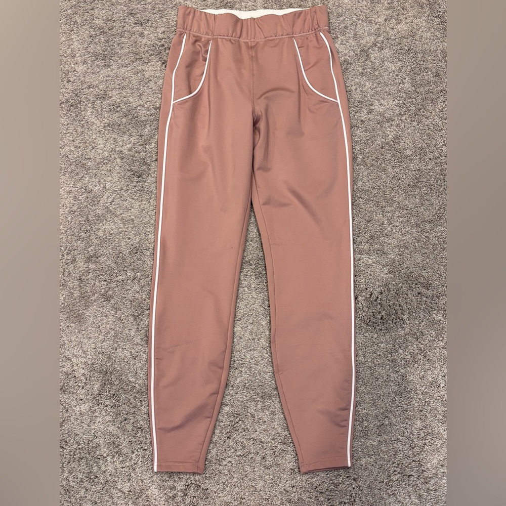 Gymshark Recess track pants taupe or blush pink with white piping details sz XS